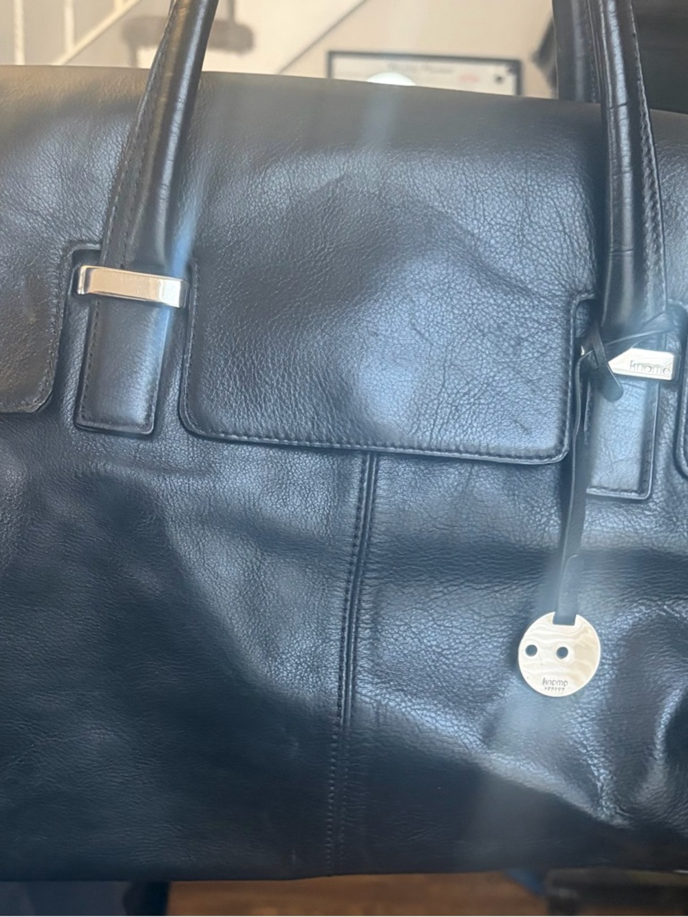 Black Leather Knomo Helena Women's Laptop Tote Bag with Silver Accent